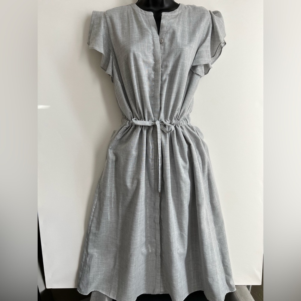 DKNY silver shimmer stripe flutter sleeve midi dress M